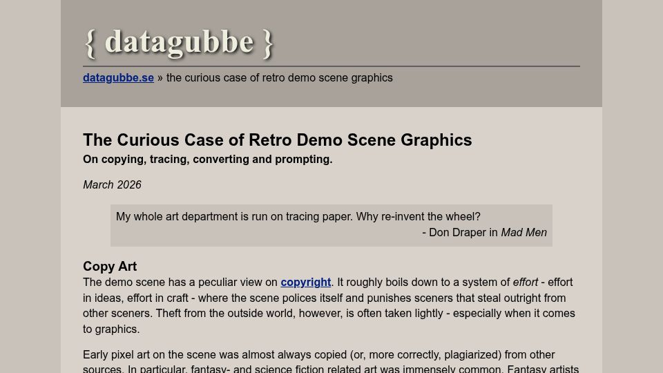 Screenshot of datagubbe.se: The curious case of retro demo scene graphics