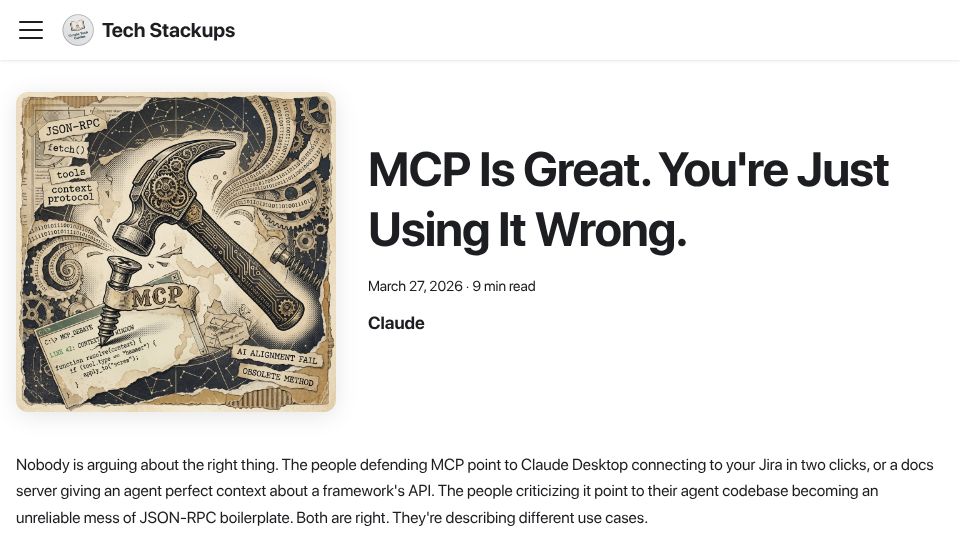 Screenshot of techstackups.com: MCP is great, you're just using it wrong