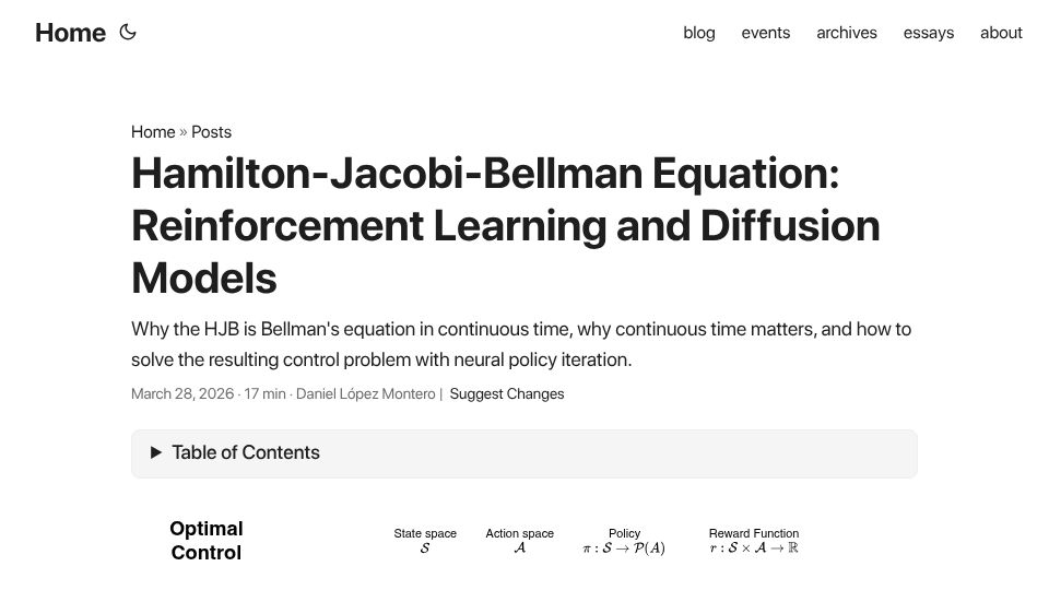 Screenshot of dani2442.github.io: Hamilton-Jacobi-Bellman Equation: Reinforcement Learning and Diffusion Models