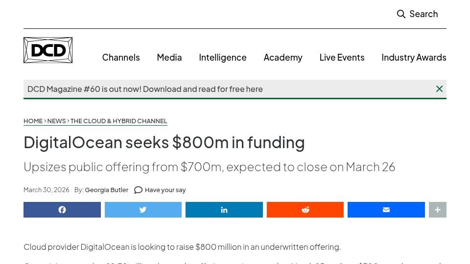 Screenshot of datacenterdynamics.com: DigitalOcean Seeks $800M in Funding
