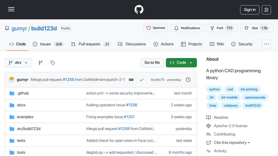 Screenshot of github.com: Build123d: A Python CAD programming library