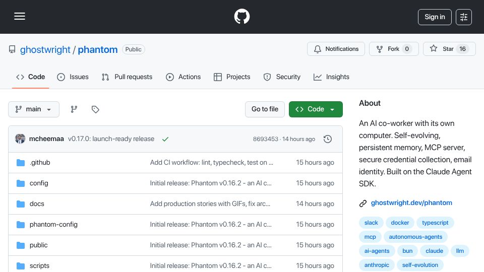 Screenshot of github.com: Show HN: Phantom – Open-source AI agent on its own VM that rewrites its config
