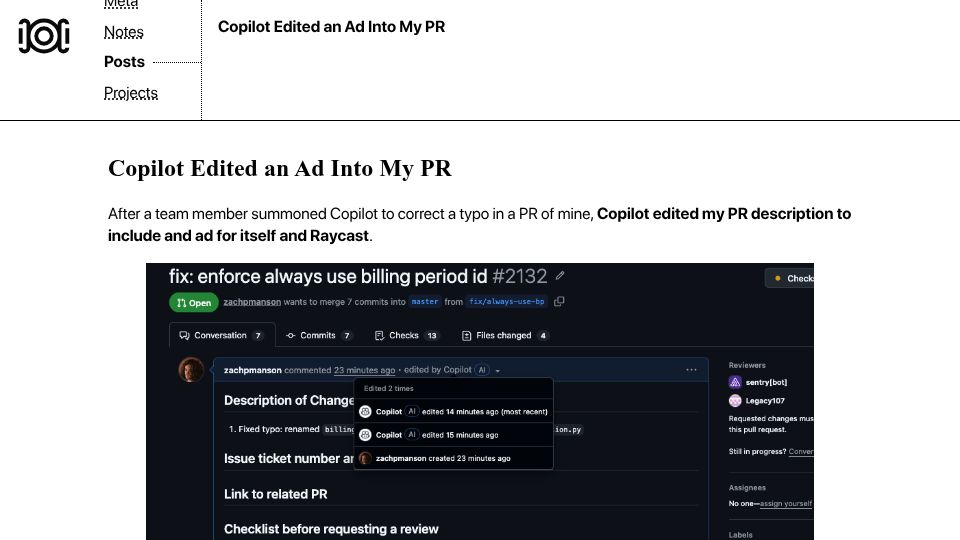 Screenshot of notes.zachmanson.com: Copilot edited an ad into my PR