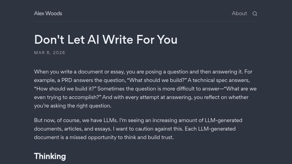 Screenshot of alexhwoods.com: Do your own writing