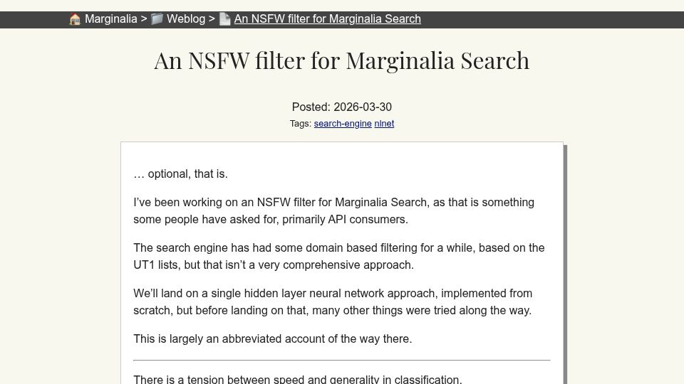 Screenshot of marginalia.nu: An NSFW filter for Marginalia search