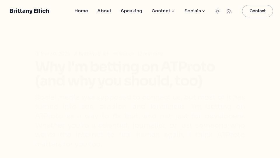 Screenshot of brittanyellich.com: I'm betting on ATProto