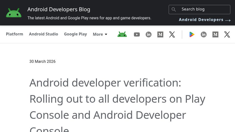 Screenshot of android-developers.googleblog.com: Android Developer Verification