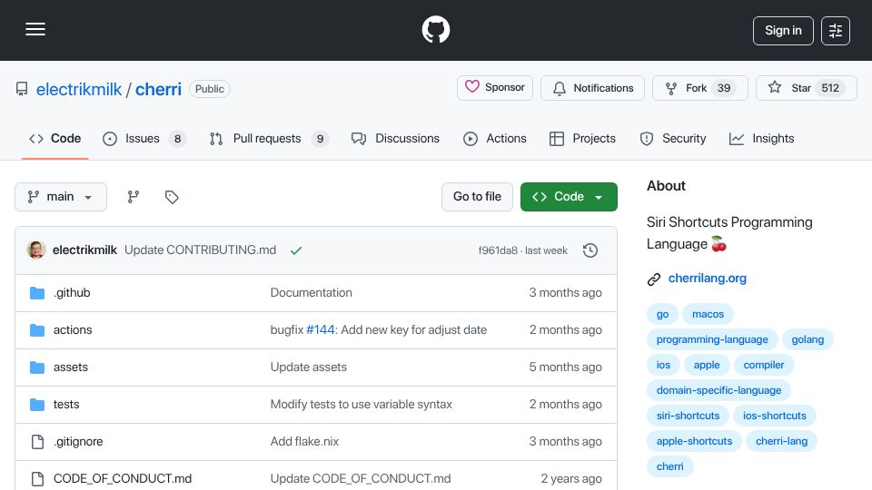 Screenshot of github.com: Cherri – programming language that compiles to an Apple Shortuct