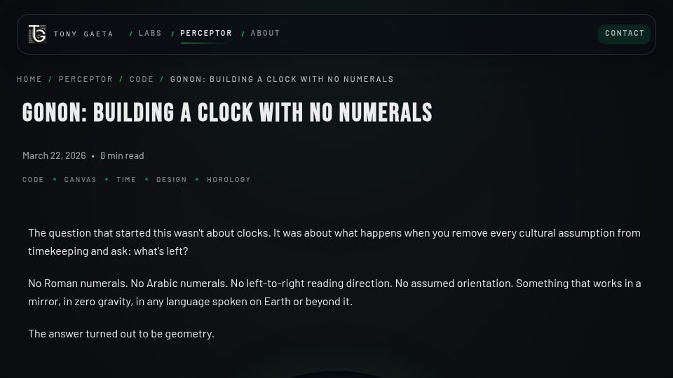 Screenshot of tonygaeta.com: Gonon: Building a Clock with No Numerals