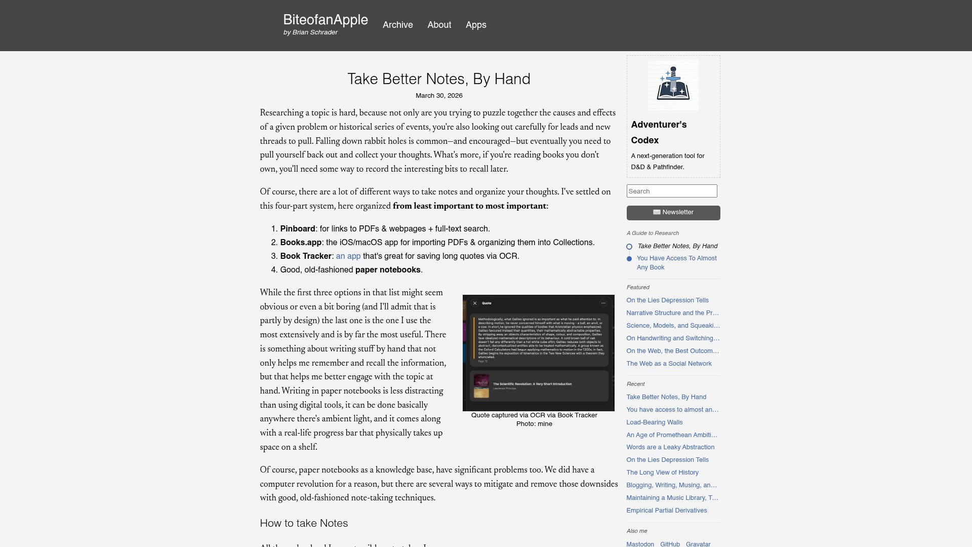 Screenshot of brianschrader.com: Take better notes, by hand
