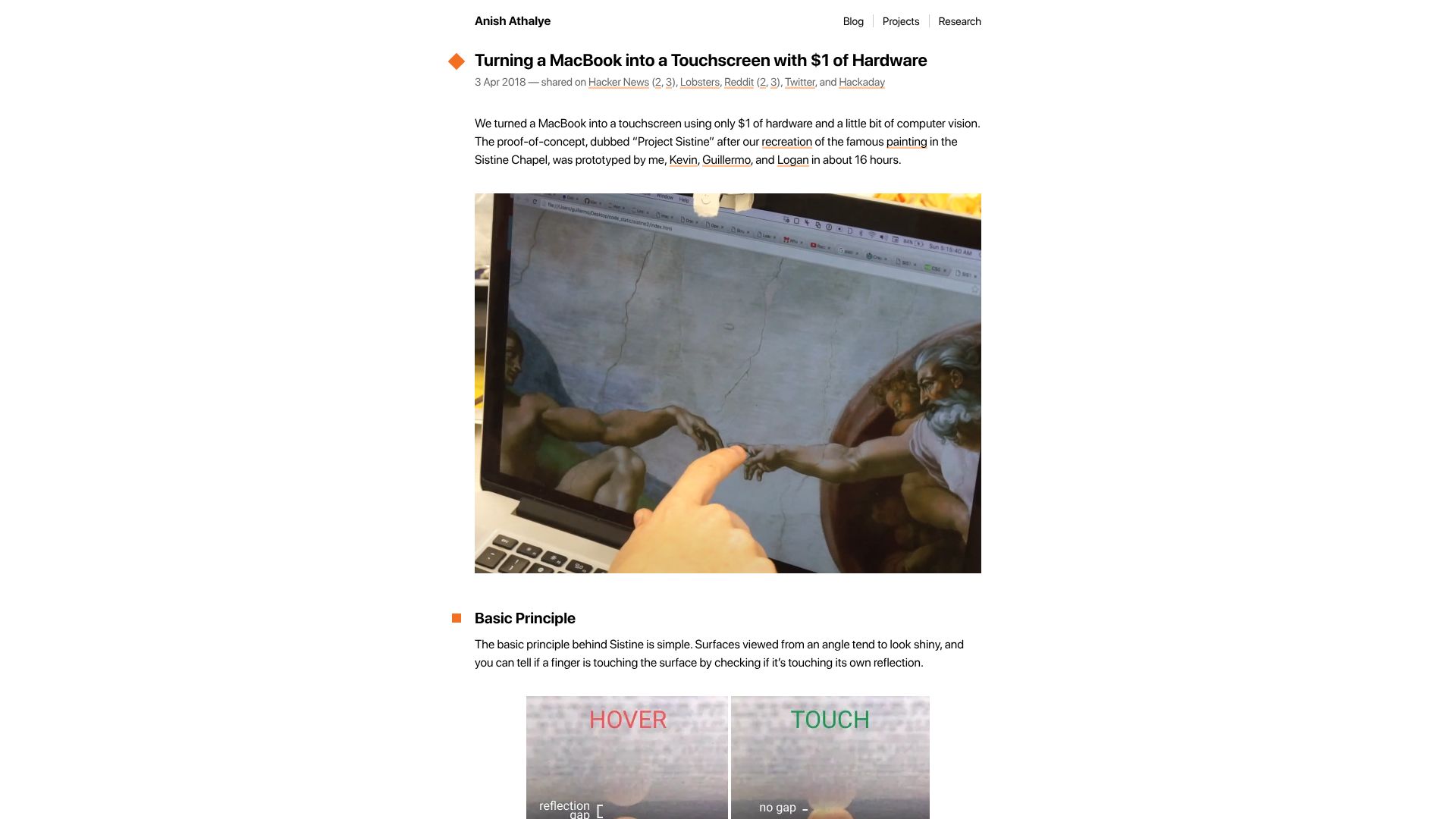 Screenshot of anishathalye.com: Turning a MacBook into a touchscreen with $1 of hardware (2018)