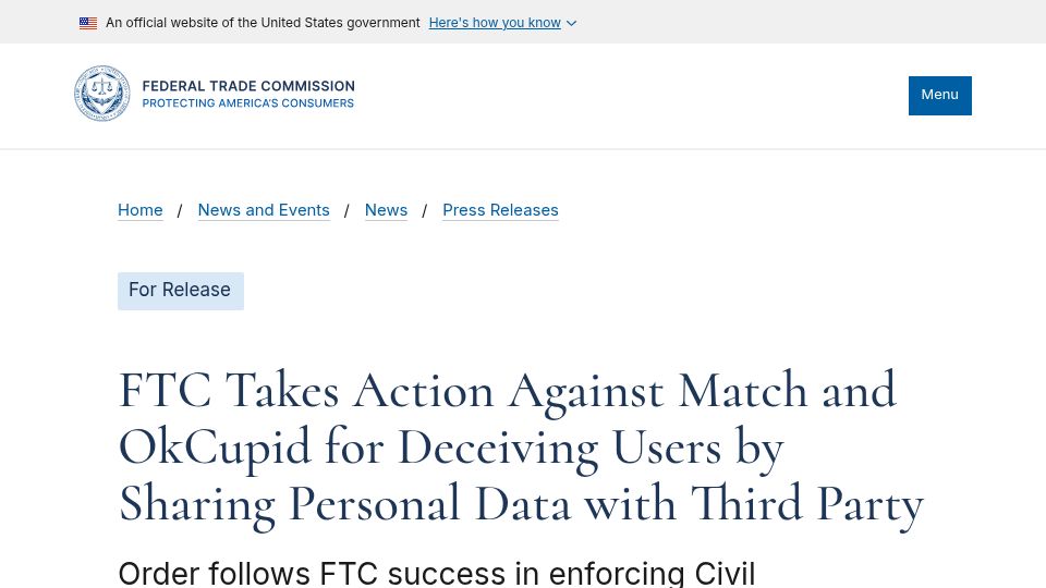 Screenshot of ftc.gov: FTC action against Match and OkCupid for deceiving users, sharing personal data