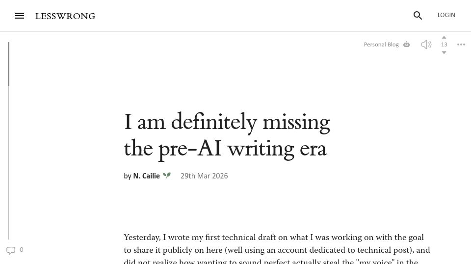 Screenshot of lesswrong.com: I am definitely missing the pre-AI writing era