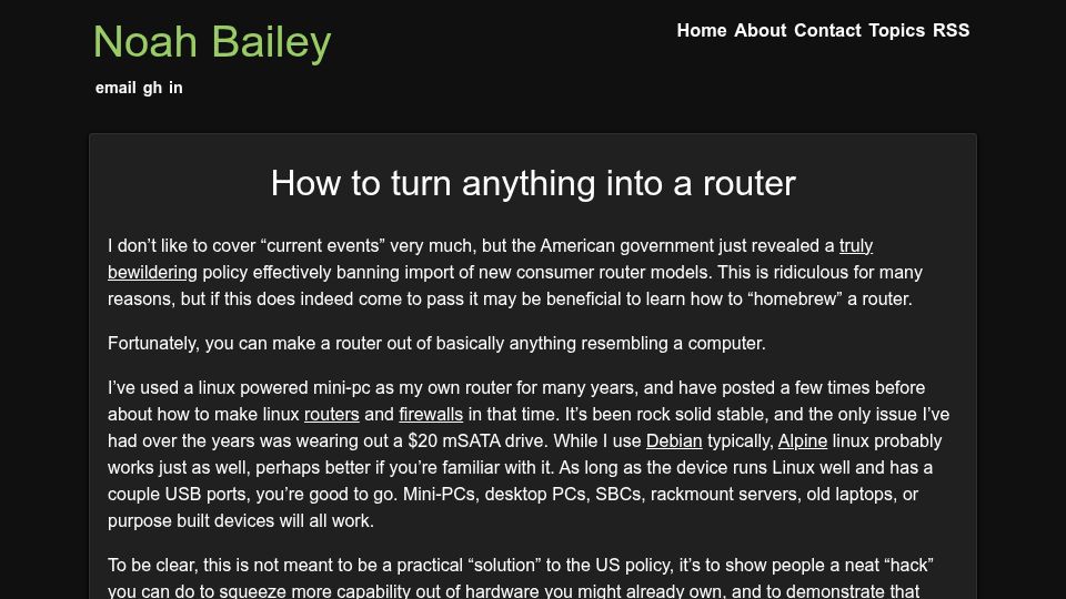 Screenshot of nbailey.ca: How to turn anything into a router