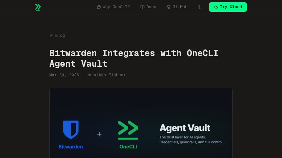 Screenshot of onecli.sh: Bitwarden integrates with OneCLI agent vault