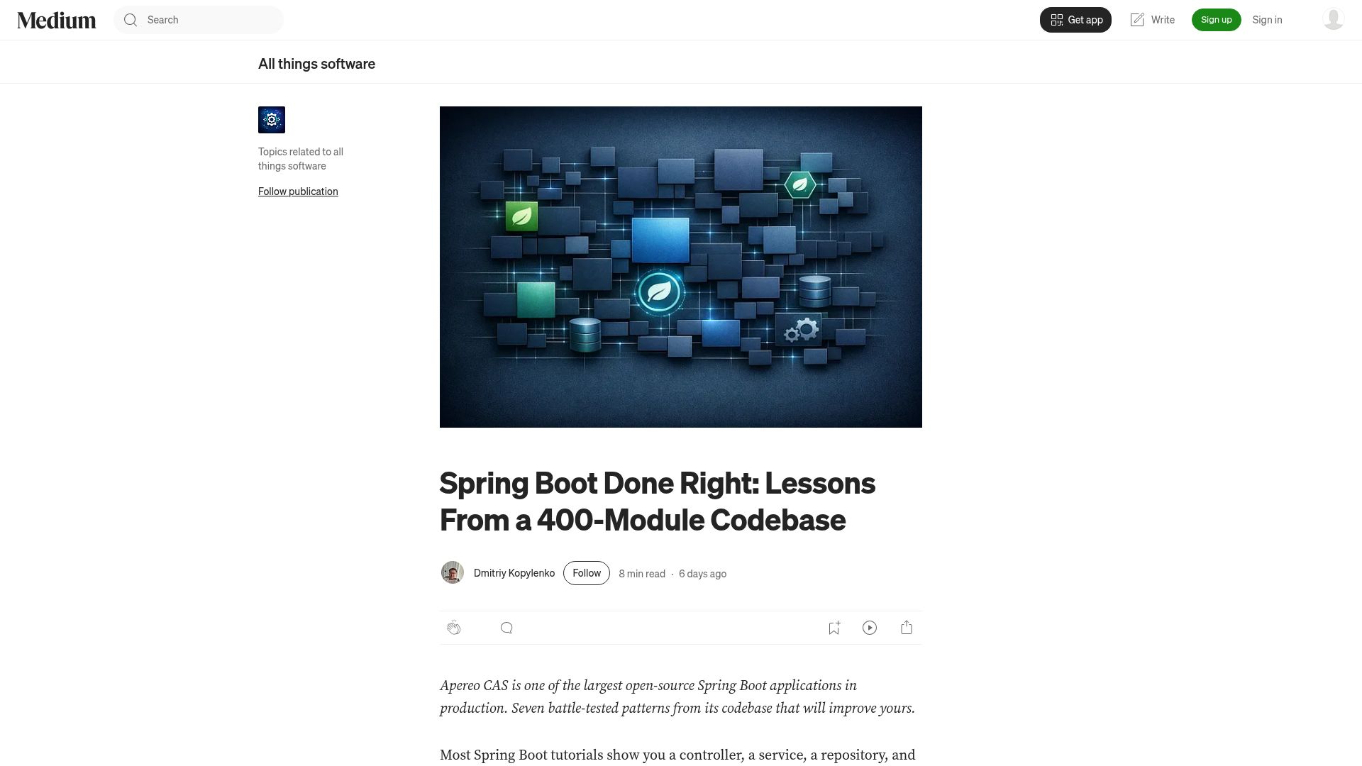 Screenshot of medium.com: Spring Boot Done Right: Lessons from a 400-Module Codebase