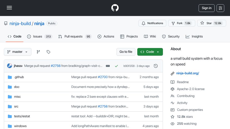 Screenshot of github.com: Ninja is a small build system with a focus on speed