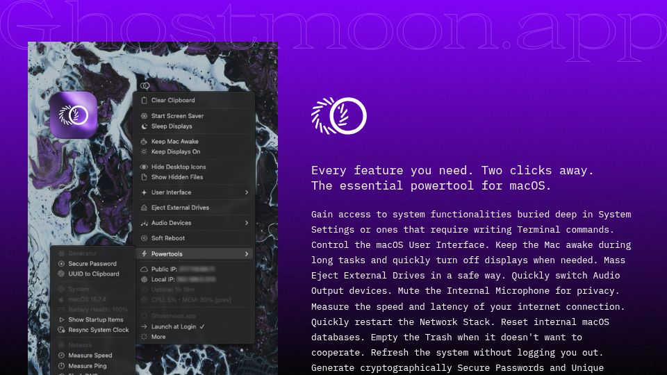Screenshot of mgrunwald.com: Ghostmoon.app – The Swiss Army Knife for your macOS menu bar