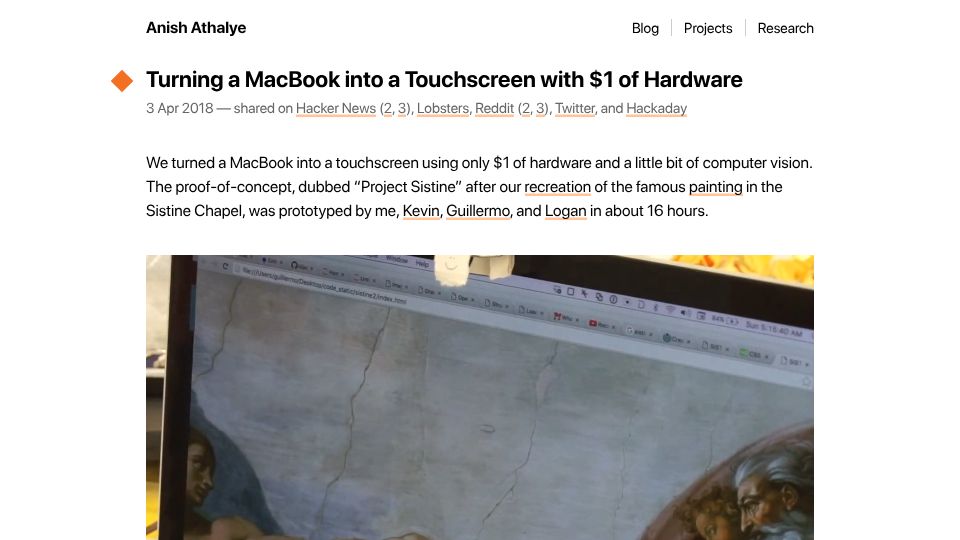 Screenshot of anishathalye.com: Turning a MacBook into a touchscreen with $1 of hardware (2018)