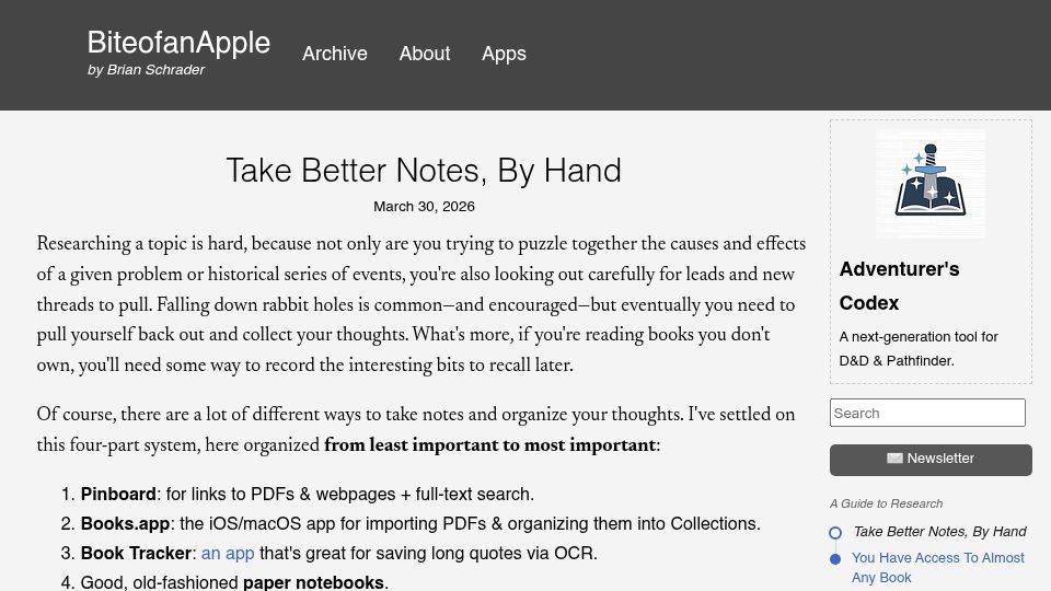Screenshot of brianschrader.com: Take better notes, by hand