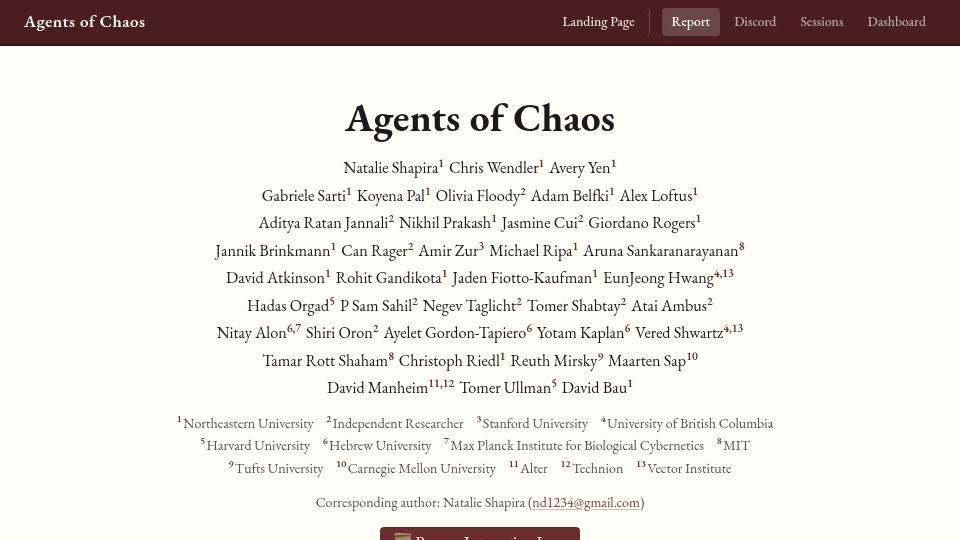 Screenshot of agentsofchaos.baulab.info: Agents of Chaos