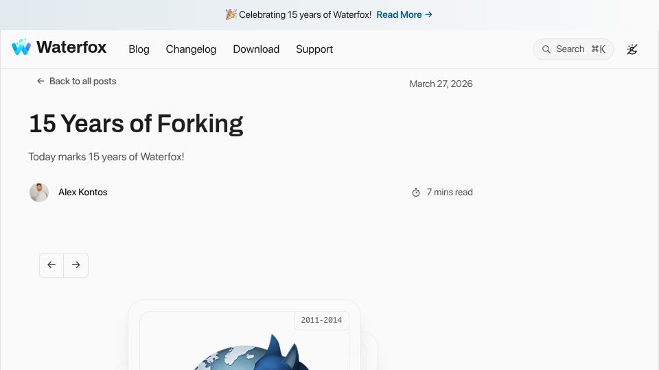 Screenshot of waterfox.com: 15 Years of Forking