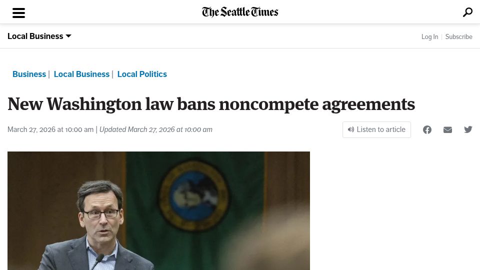 Screenshot of seattletimes.com: New Washington state law bans noncompete agreements