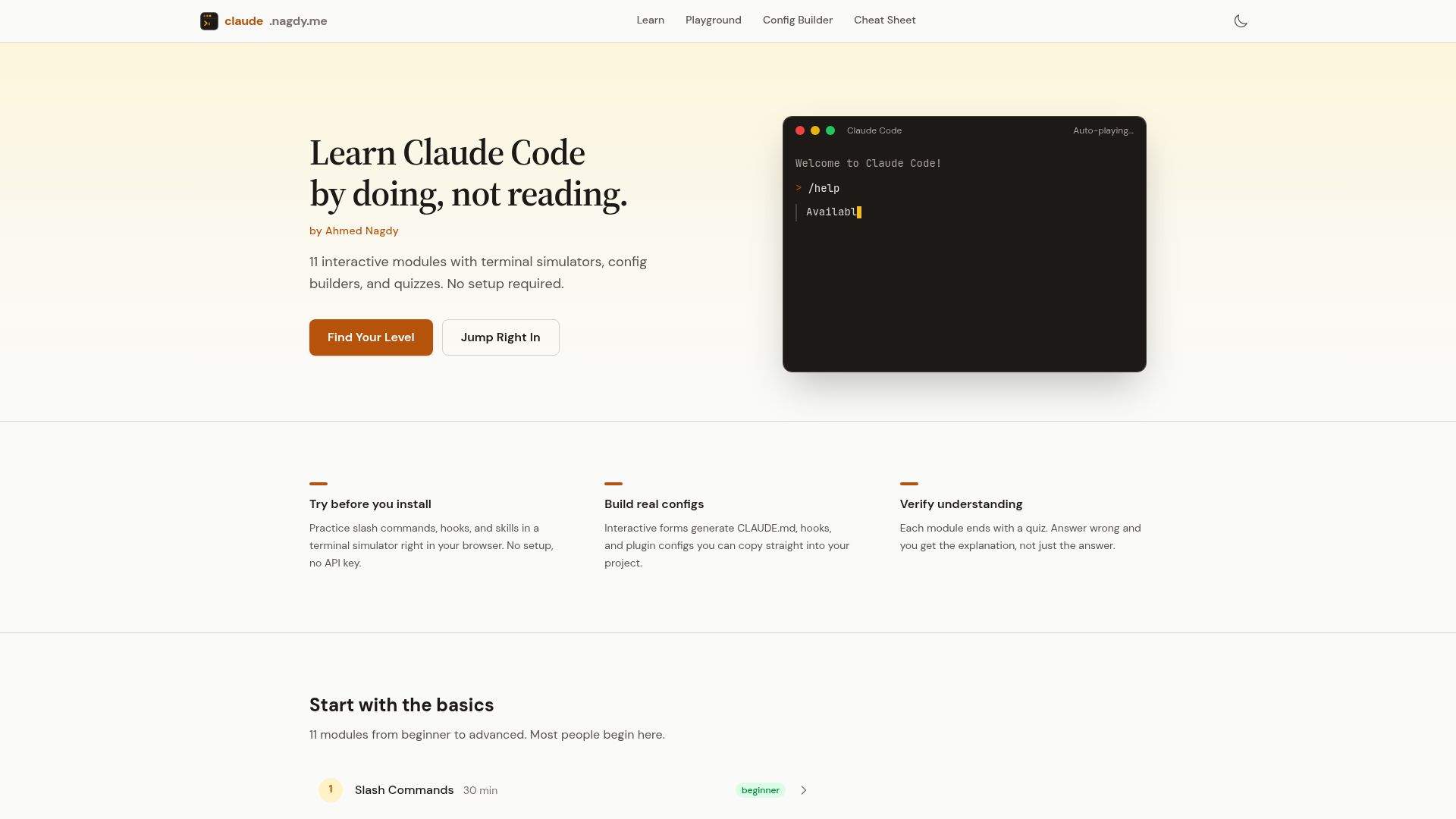 Screenshot of claude.nagdy.me: Learn Claude Code by doing, not reading