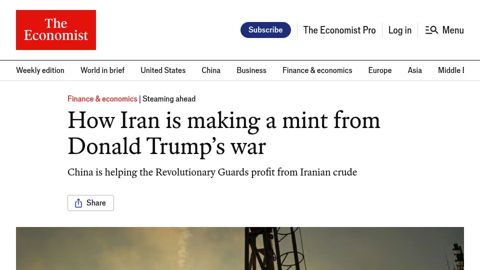 Screenshot of economist.com: How Iran is making a mint from the current war