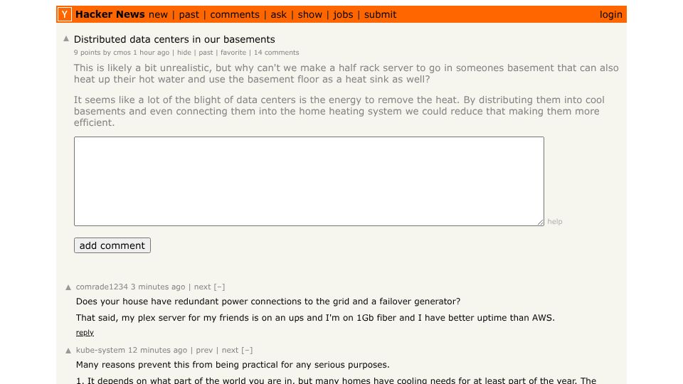 Screenshot of Hacker News post: Ask HN: Distributed data centers in our basements