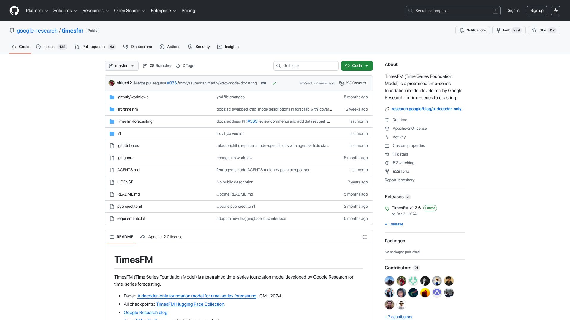 Screenshot of github.com: Google's 200M-parameter time-series foundation model with 16k context