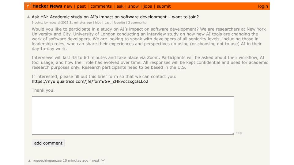 Screenshot of Hacker News post: Ask HN: Academic study on AI's impact on software development – want to join?
