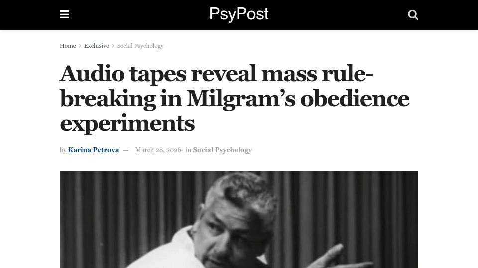 Screenshot of psypost.org: Audio tapes reveal mass rule-breaking in Milgram's obedience experiments