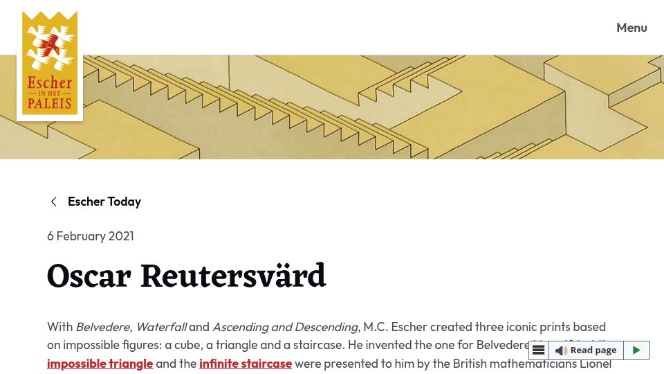 Screenshot of escherinhetpaleis.nl: Oscar Reutersvärd (2021)
