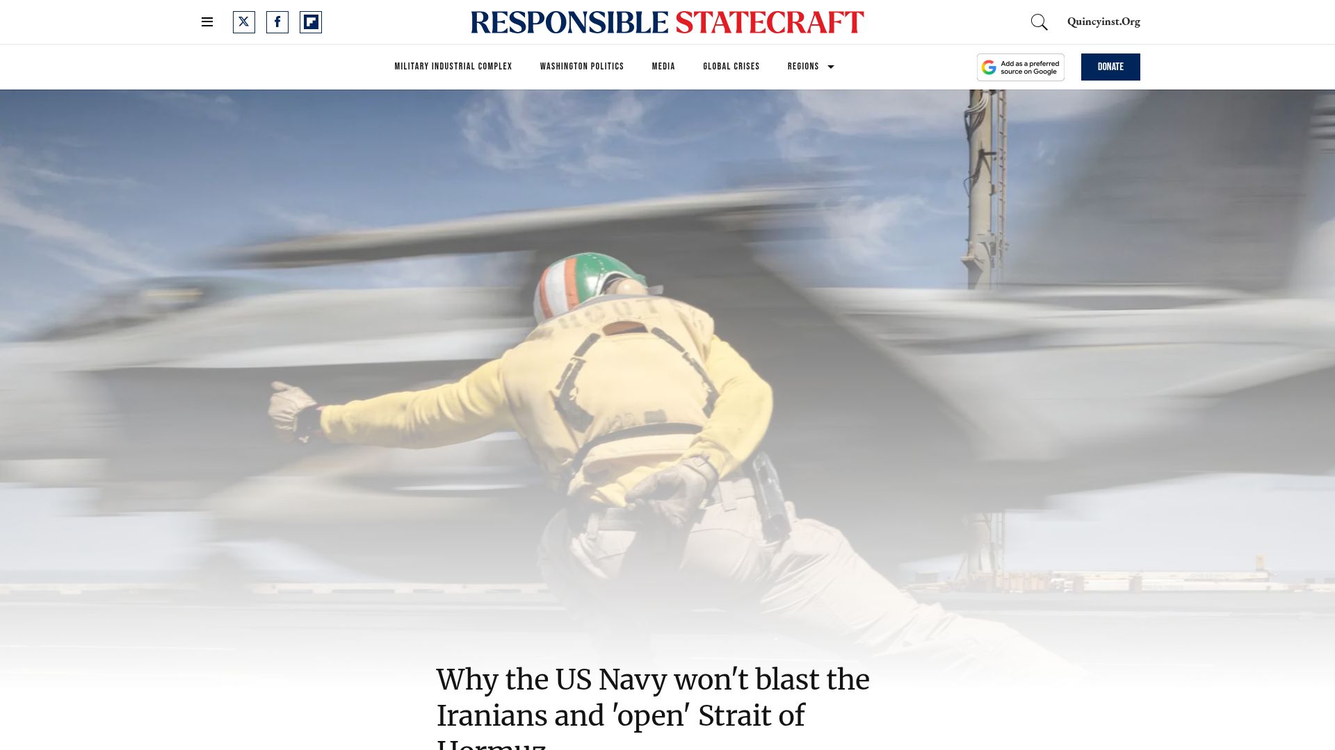Screenshot of responsiblestatecraft.org: Why the US Navy won't blast the Iranians and 'open' Strait of Hormuz