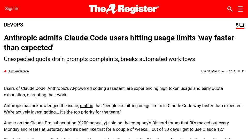 Screenshot of theregister.com: Claude Code users hitting usage limits 'way faster than expected'