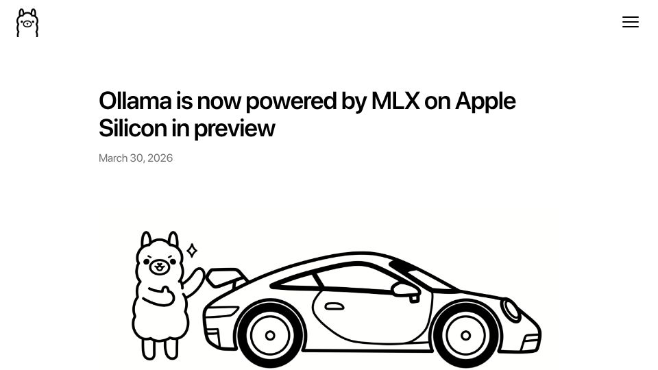 Screenshot of ollama.com: Ollama is now powered by MLX on Apple Silicon in preview
