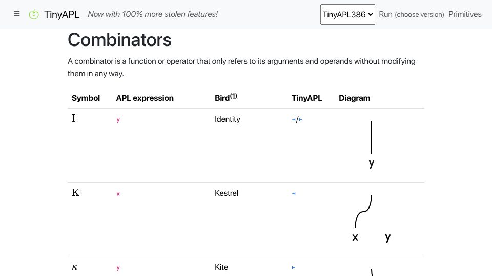 Screenshot of tinyapl.rubenverg.com: Combinators