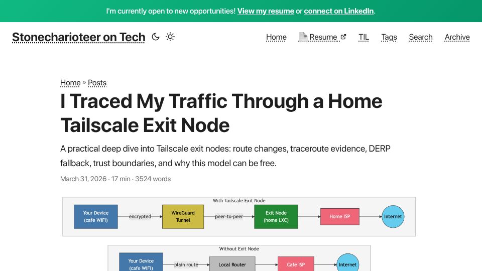 Screenshot of tech.stonecharioteer.com: I traced my traffic through a home Tailscale exit node
