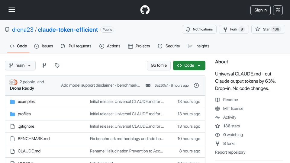 Screenshot of github.com: Universal Claude.md – cut Claude output tokens