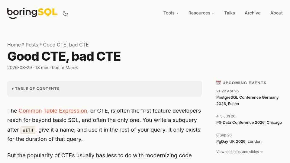Screenshot of boringsql.com: Good CTE, Bad CTE