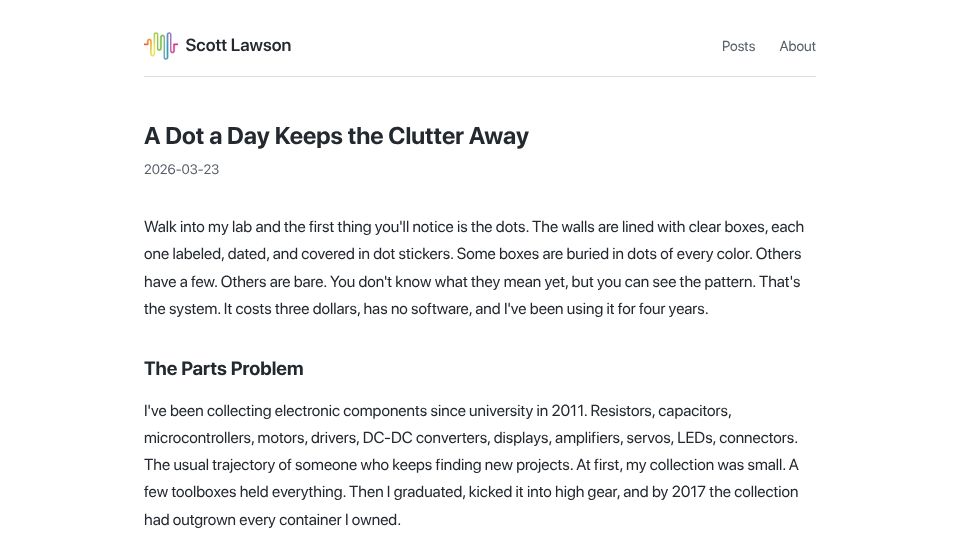 Screenshot of scottlawsonbc.com: A dot a day keeps the clutter away