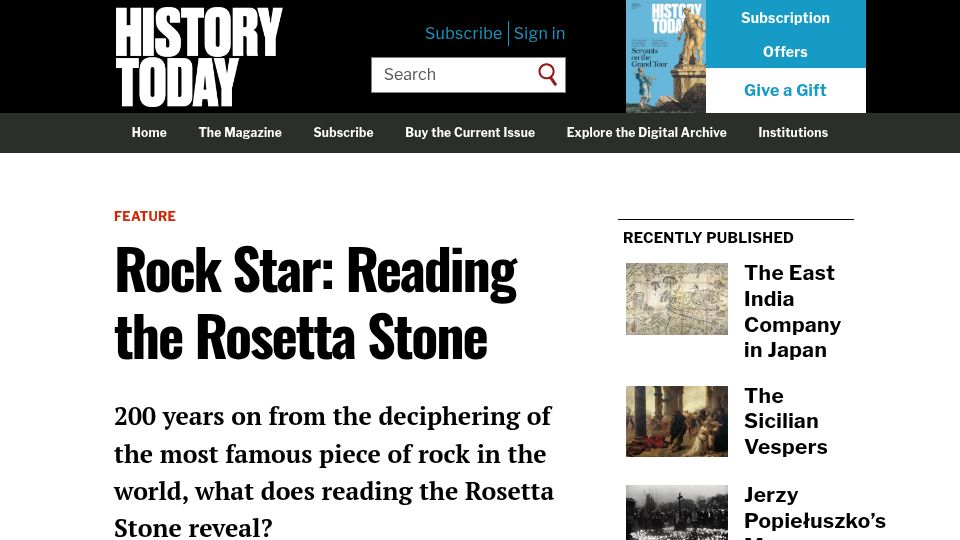 Screenshot of historytoday.com: Rock Star: Reading the Rosetta Stone
