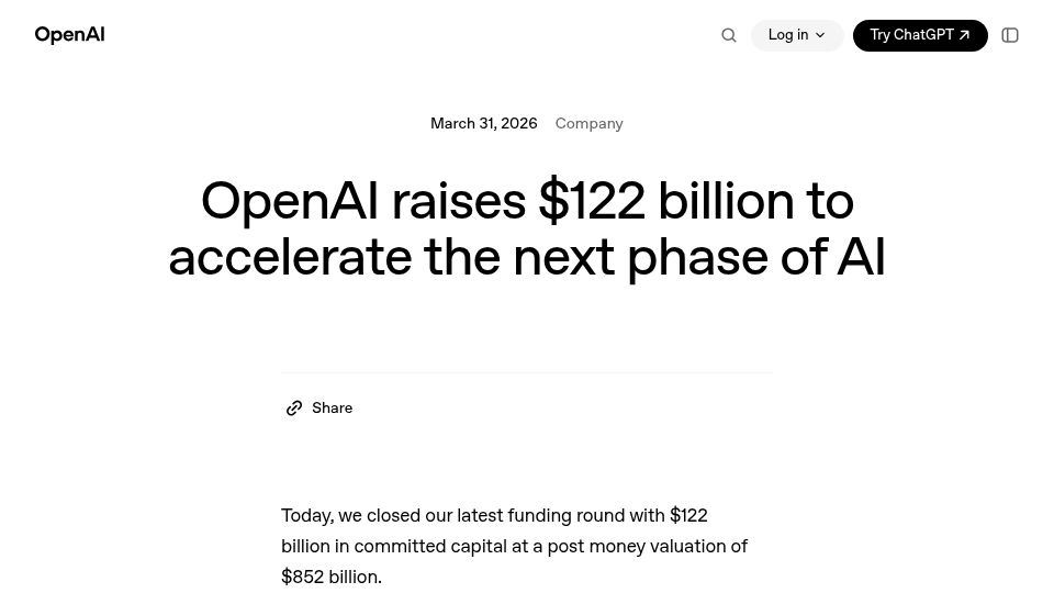 Screenshot of cnbc.com: OpenAI closes funding round at an $852B valuation