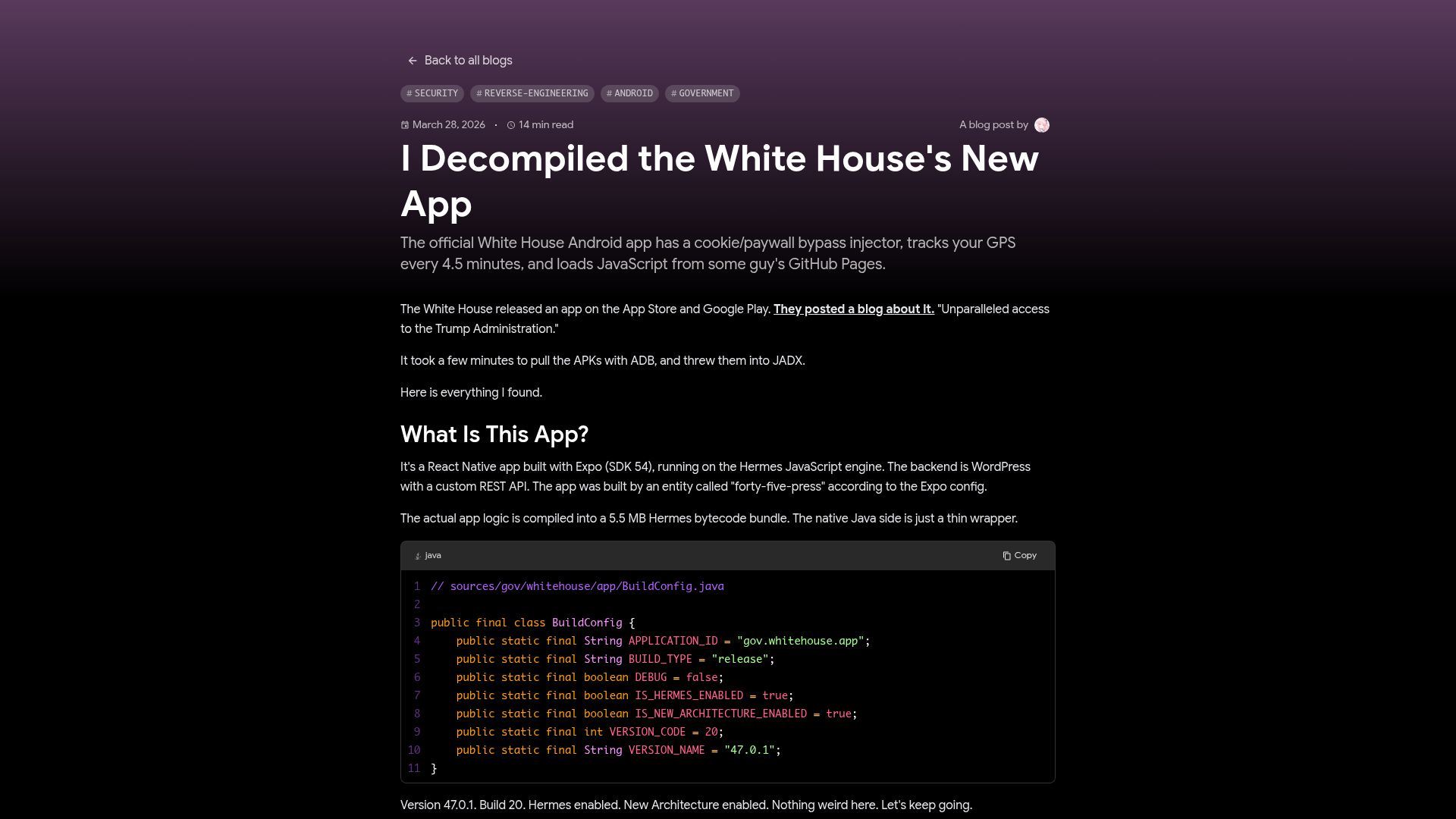 Screenshot of blog.thereallo.dev: I Decompiled the White House's New App
