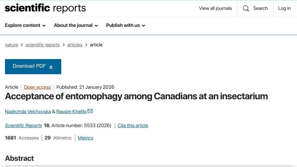 Screenshot of nature.com: Acceptance of entomophagy among Canadians at an insectarium