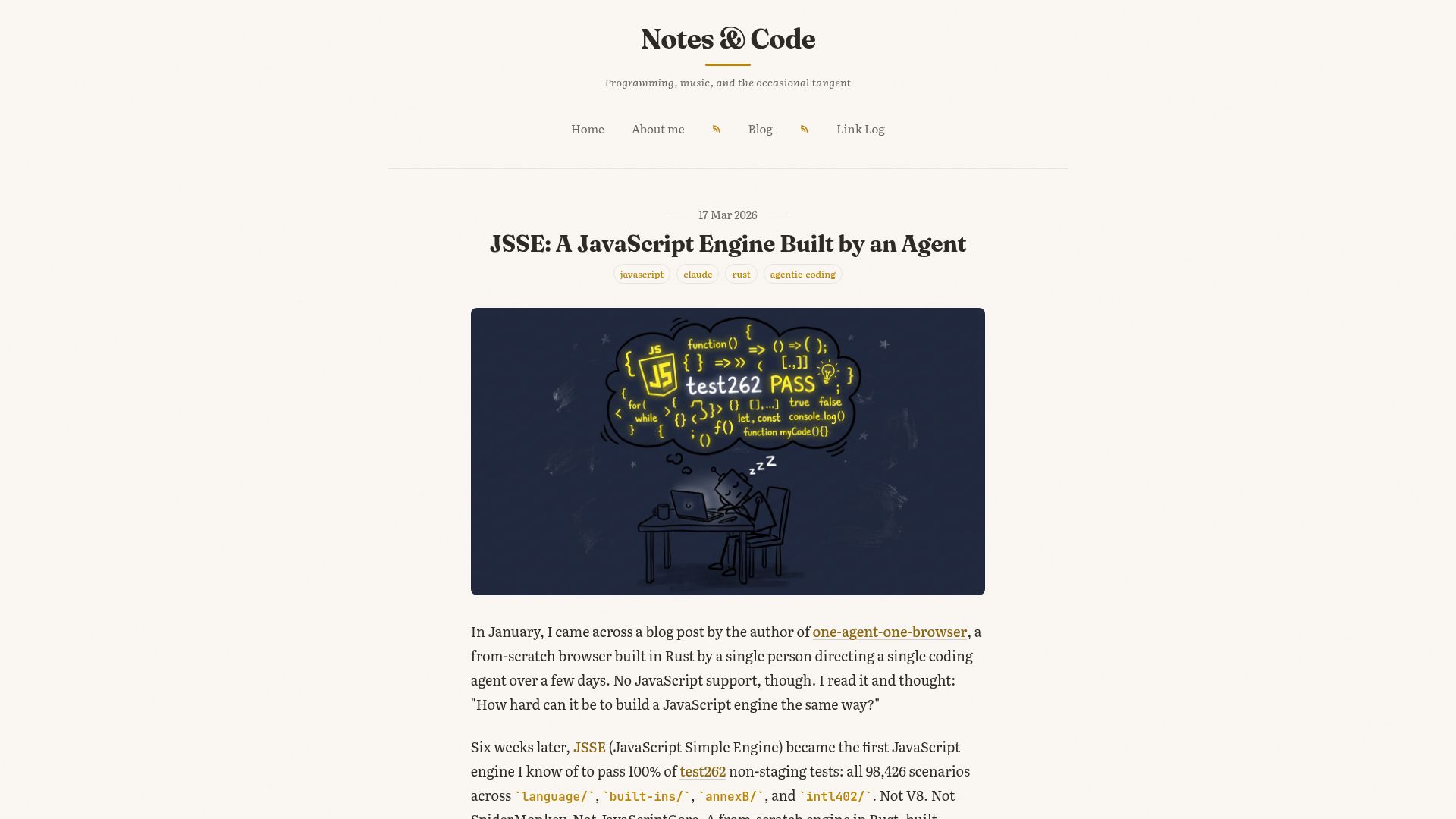 Screenshot of p.ocmatos.com: JSSE: A JavaScript Engine Built by an Agent
