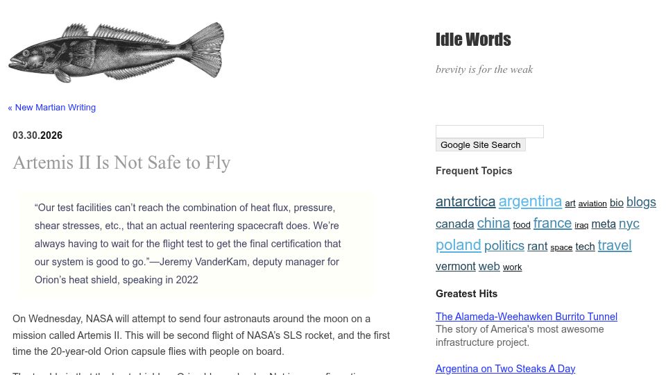 Screenshot of idlewords.com: Artemis II is not safe to fly