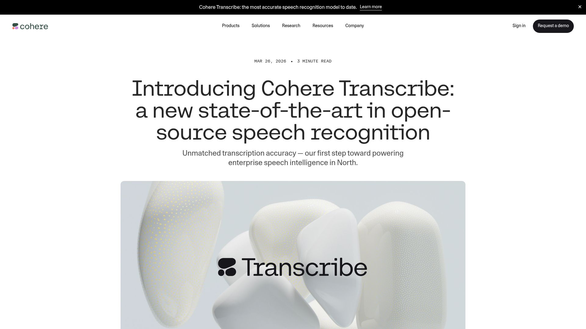 Screenshot of cohere.com: Cohere Transcribe: Speech Recognition