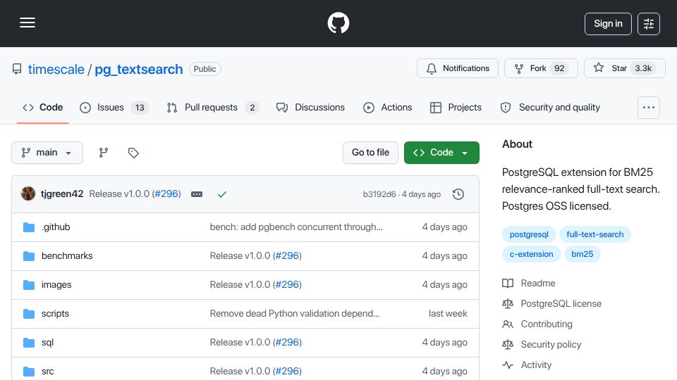 Screenshot of github.com: Show HN: Postgres extension for BM25 relevance-ranked full-text search